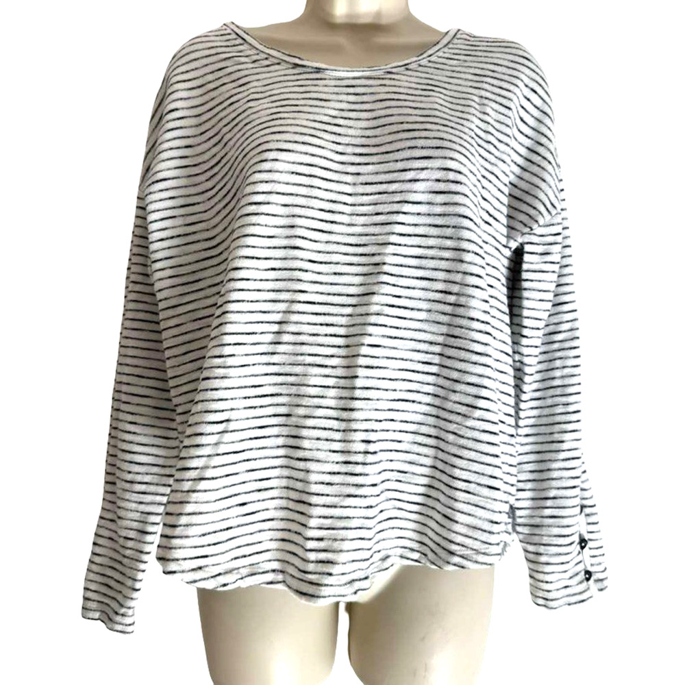 T by Talbots White Black Striped Thick Knit Top Long Sleeve 100% Cotton Shirt M